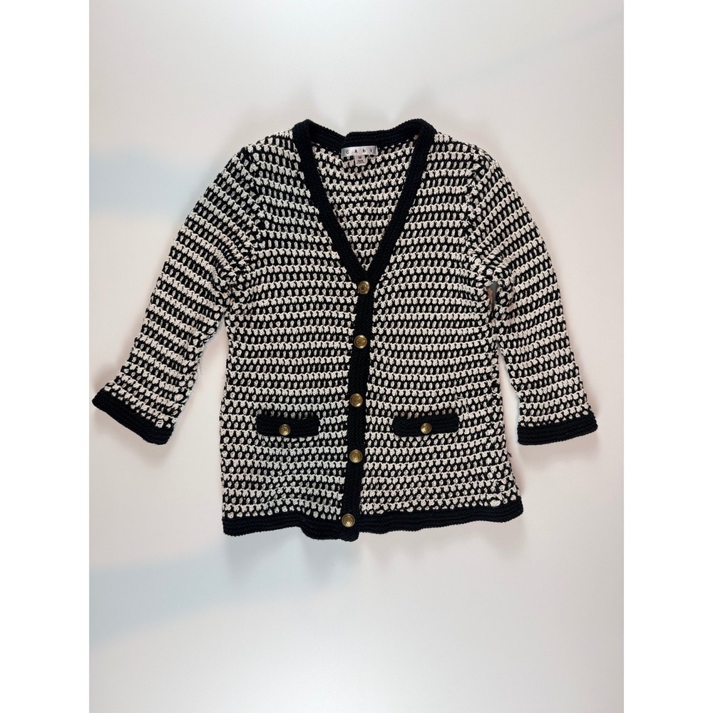 Cabi Womens Black White‎ Striped Knit Cardigan Gold Button V-Neck Sweater Size M